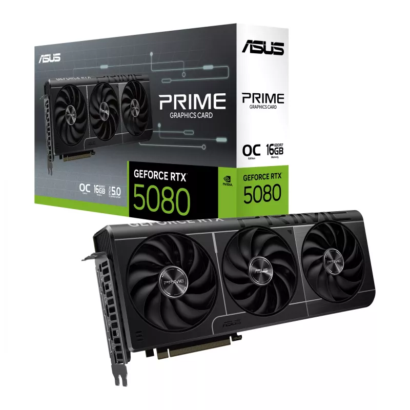 Grafikas karte ASUS GeForce RTX 5080 — 16 GB GDDR7, 256-bit, PCIe 5.0, 3x DisplayPort, 1x HDMI, 306×126×50 mm