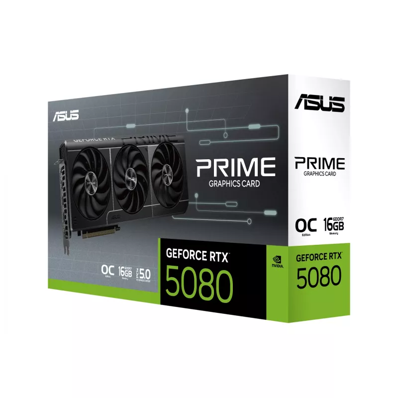 Grafikas karte ASUS GeForce RTX 5080 — 16 GB GDDR7, 256-bit, PCIe 5.0, 3x DisplayPort, 1x HDMI, 306×126×50 mm