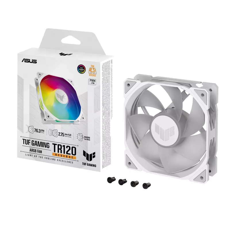 Dzesētājs ASUS TUF GAMING TR120 ARGB REVERSE 120 mm 2000 RPM Balts, hidrauliskais gultnis, 76.3 CFM