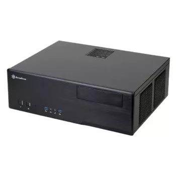PC case SILVERSTONE Grandia GD05 HTPC Melns — Mini‑ITX/DTX/Micro‑ATX, 2×3.5 collu + 2×2.5 collu, 1×5.25 collu, 3×120 mm sānu ventilatori, USB 3.0