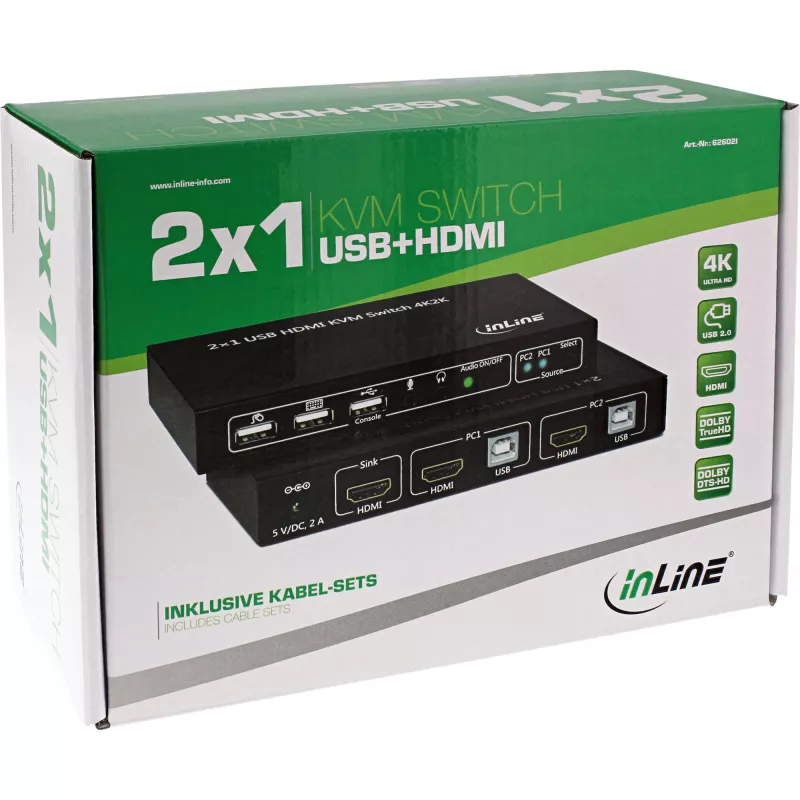InLine 2x1 HDMI KVM slēdzis, 2x1, HDMI 4K2K, USB 2.0 centrmezgls, ar audio