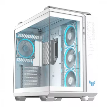 ASUS TUF GAMING GT502 Horizon TG ARGB balta — Midi tornis, ATX, rūdītais stikls, 4×3,5 collu nodalījumi, maks. GPU 400 mm