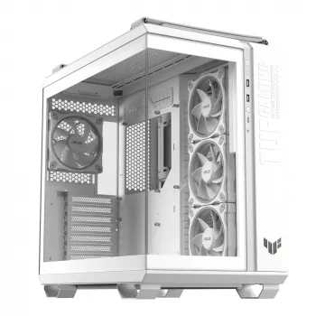 ASUS TUF GAMING GT502 Horizon TG ARGB balta — Midi tornis, ATX, rūdītais stikls, 4×3,5 collu nodalījumi, maks. GPU 400 mm