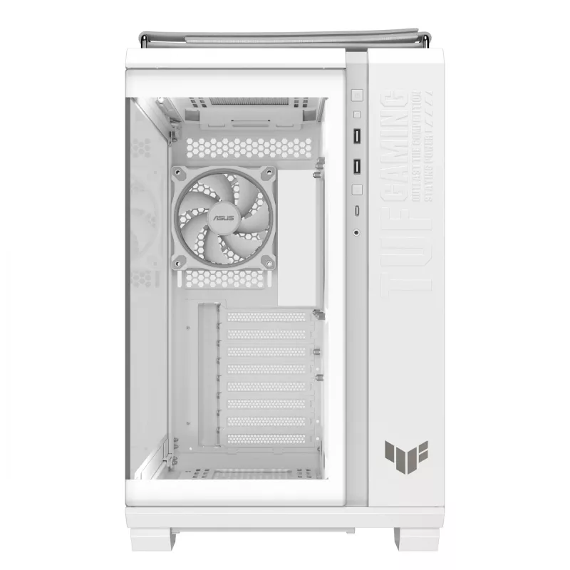 ASUS TUF GAMING GT502 Horizon TG ARGB balta — Midi tornis, ATX, rūdītais stikls, 4×3,5 collu nodalījumi, maks. GPU 400 mm