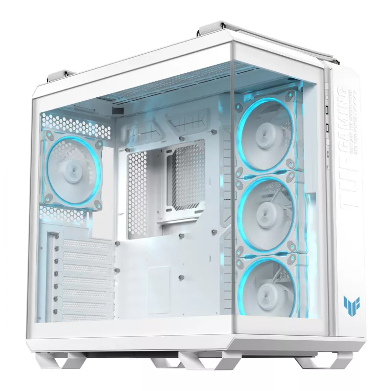 ASUS TUF GAMING GT502 Horizon TG ARGB balta — Midi tornis, ATX, rūdītais stikls, 4×3,5 collu nodalījumi, maks. GPU 400 mm