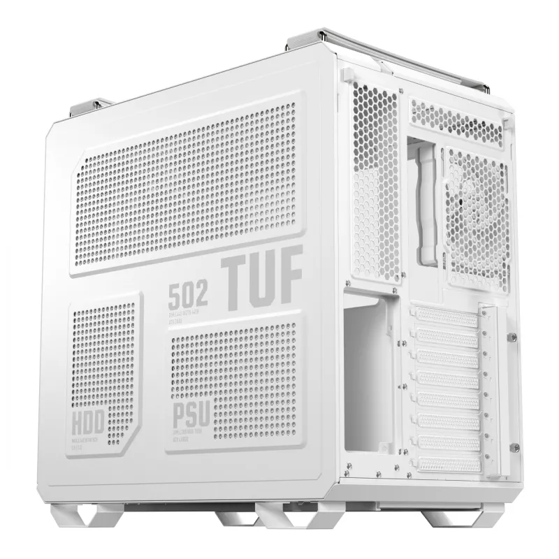 ASUS TUF GAMING GT502 Horizon TG ARGB balta — Midi tornis, ATX, rūdītais stikls, 4×3,5 collu nodalījumi, maks. GPU 400 mm