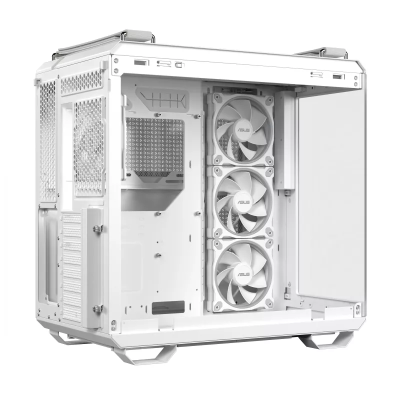 ASUS TUF GAMING GT502 Horizon TG ARGB balta — Midi tornis, ATX, rūdītais stikls, 4×3,5 collu nodalījumi, maks. GPU 400 mm