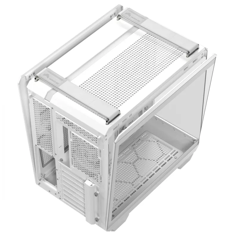 ASUS TUF GAMING GT502 Horizon TG ARGB balta — Midi tornis, ATX, rūdītais stikls, 4×3,5 collu nodalījumi, maks. GPU 400 mm