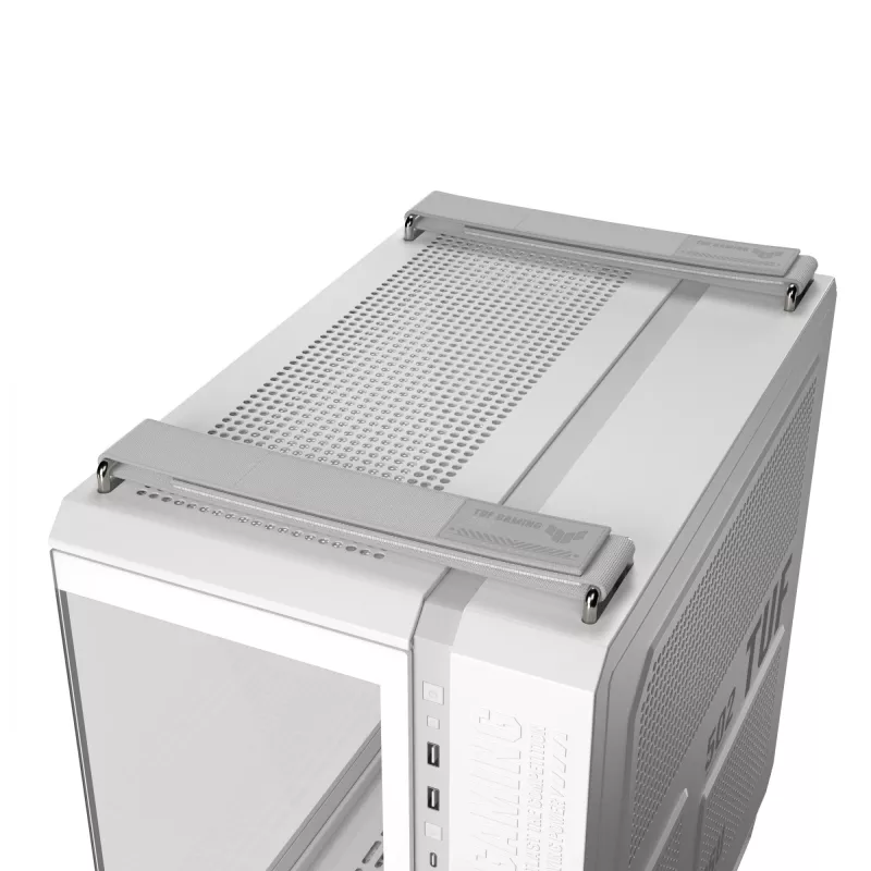 ASUS TUF GAMING GT502 Horizon TG ARGB balta — Midi tornis, ATX, rūdītais stikls, 4×3,5 collu nodalījumi, maks. GPU 400 mm