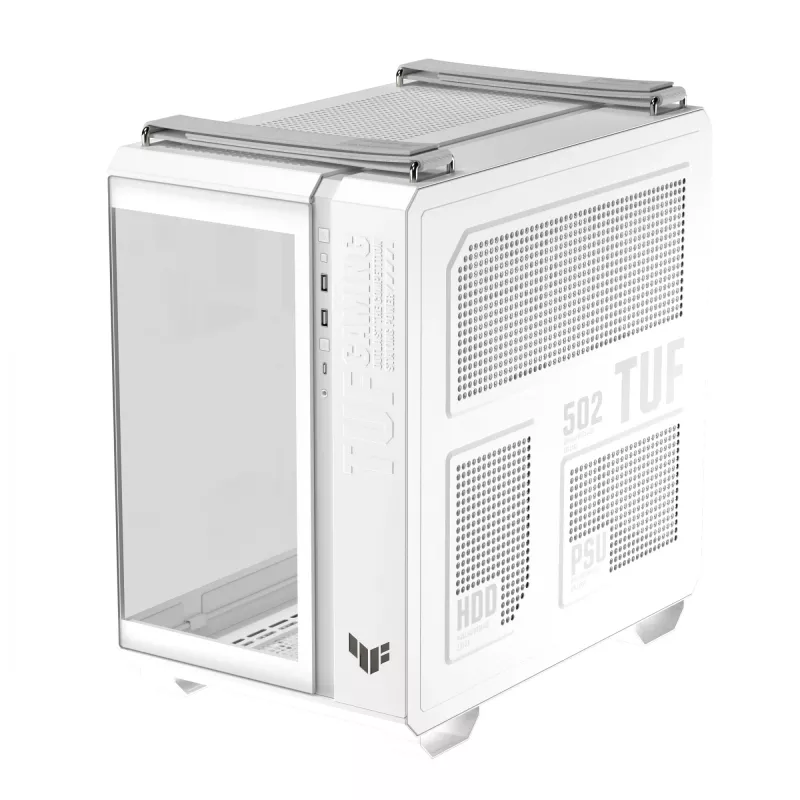 ASUS TUF GAMING GT502 Horizon TG ARGB balta — Midi tornis, ATX, rūdītais stikls, 4×3,5 collu nodalījumi, maks. GPU 400 mm