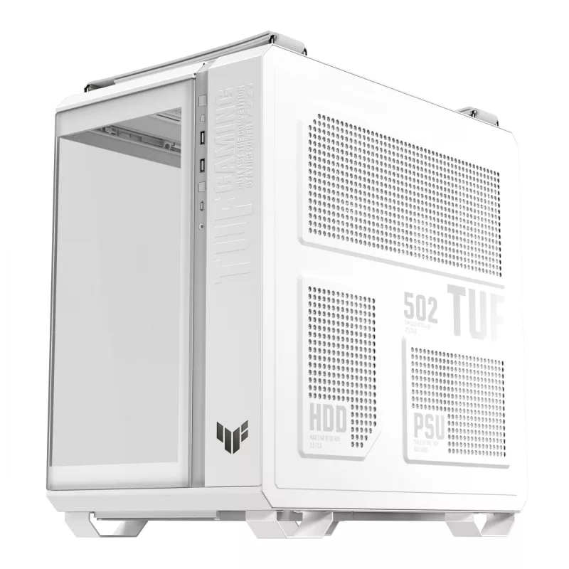 ASUS TUF GAMING GT502 Horizon TG ARGB balta — Midi tornis, ATX, rūdītais stikls, 4×3,5 collu nodalījumi, maks. GPU 400 mm