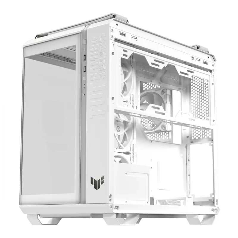 ASUS TUF GAMING GT502 Horizon TG ARGB balta — Midi tornis, ATX, rūdītais stikls, 4×3,5 collu nodalījumi, maks. GPU 400 mm