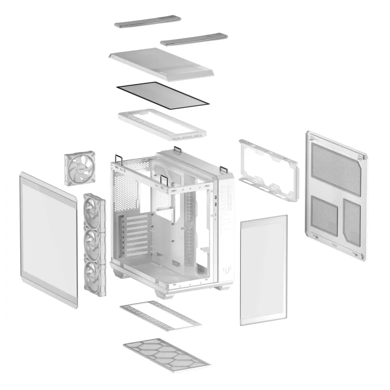 ASUS TUF GAMING GT502 Horizon TG ARGB balta — Midi tornis, ATX, rūdītais stikls, 4×3,5 collu nodalījumi, maks. GPU 400 mm