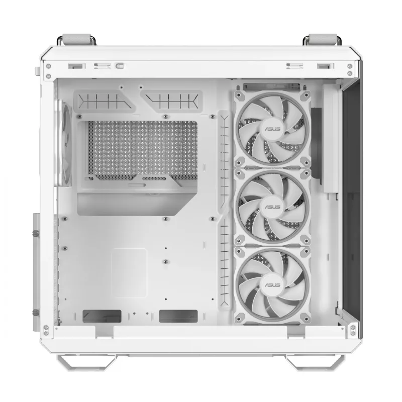 ASUS TUF GAMING GT502 Horizon TG ARGB balta — Midi tornis, ATX, rūdītais stikls, 4×3,5 collu nodalījumi, maks. GPU 400 mm