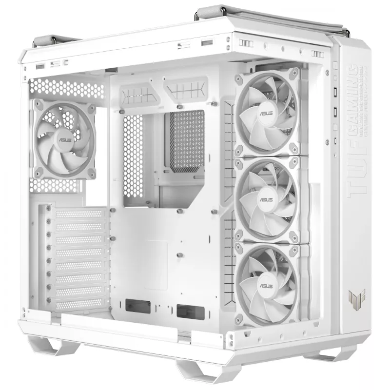 ASUS TUF GAMING GT502 Horizon TG ARGB balta — Midi tornis, ATX, rūdītais stikls, 4×3,5 collu nodalījumi, maks. GPU 400 mm
