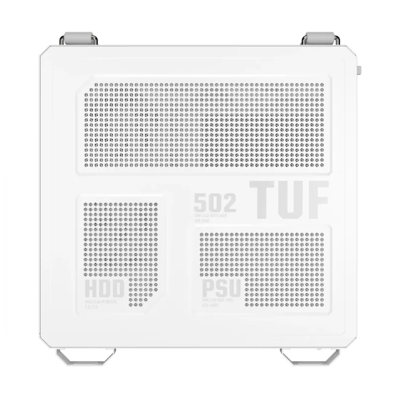 ASUS TUF GAMING GT502 Horizon TG ARGB balta — Midi tornis, ATX, rūdītais stikls, 4×3,5 collu nodalījumi, maks. GPU 400 mm