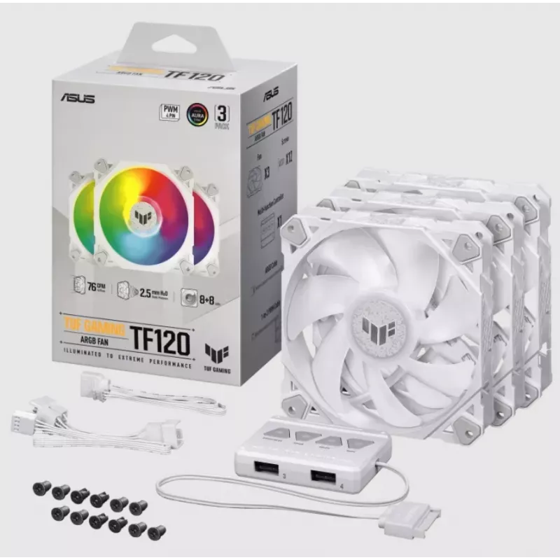 Gaisa dzesētājs ASUS TUF GAMING TF120 ARGB balta EDITION — 3×120 mm ventilatori, 1900 RPM, 29 dB, tālvadības pults