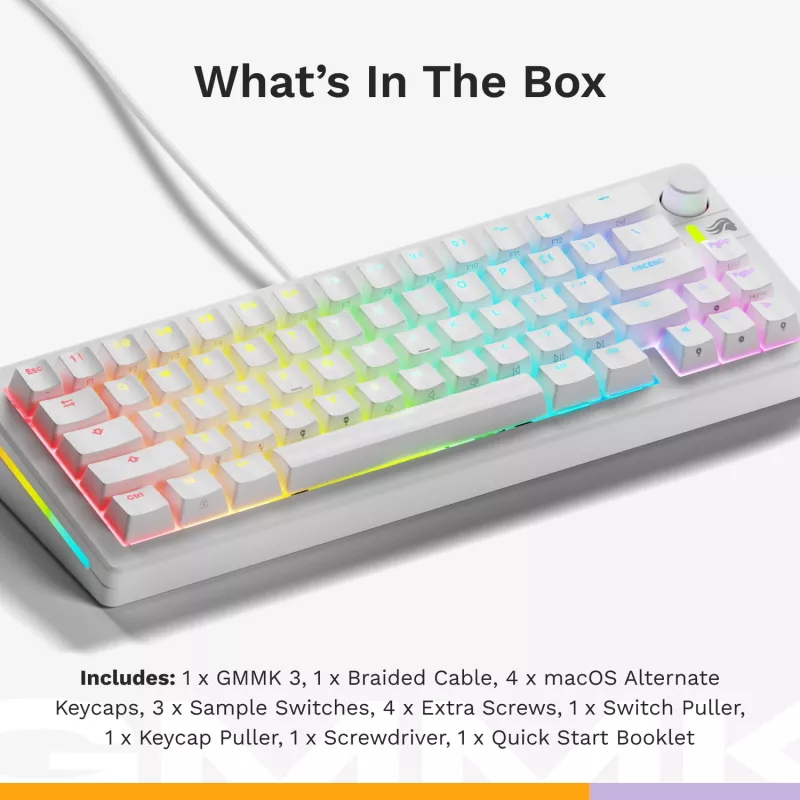 Mehāniskā spēļu tastatūra GLORIOUS GMMK 3 65% balta — vadu USB, RGB, QWERTY (US)