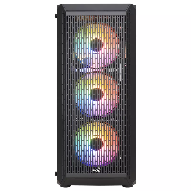 Aerocool BEAMBKV2 Gaming ATX korpuss 4 ventilatori 12cm FRGB melns, PC, melns, ATX, micro ATX, Mini-ITX, spēlēm, zila, zaļa, sarkana, priekšā, sānos