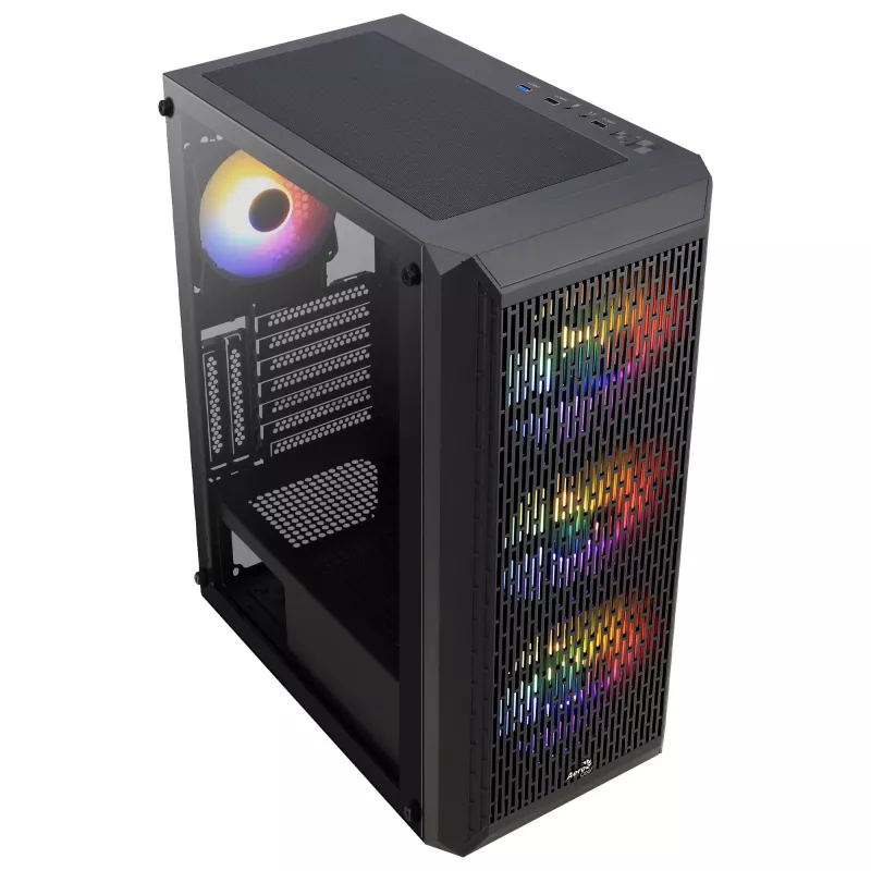 Aerocool BEAMBKV2 Gaming ATX korpuss 4 ventilatori 12cm FRGB melns, PC, melns, ATX, micro ATX, Mini-ITX, spēlēm, zila, zaļa, sarkana, priekšā, sānos