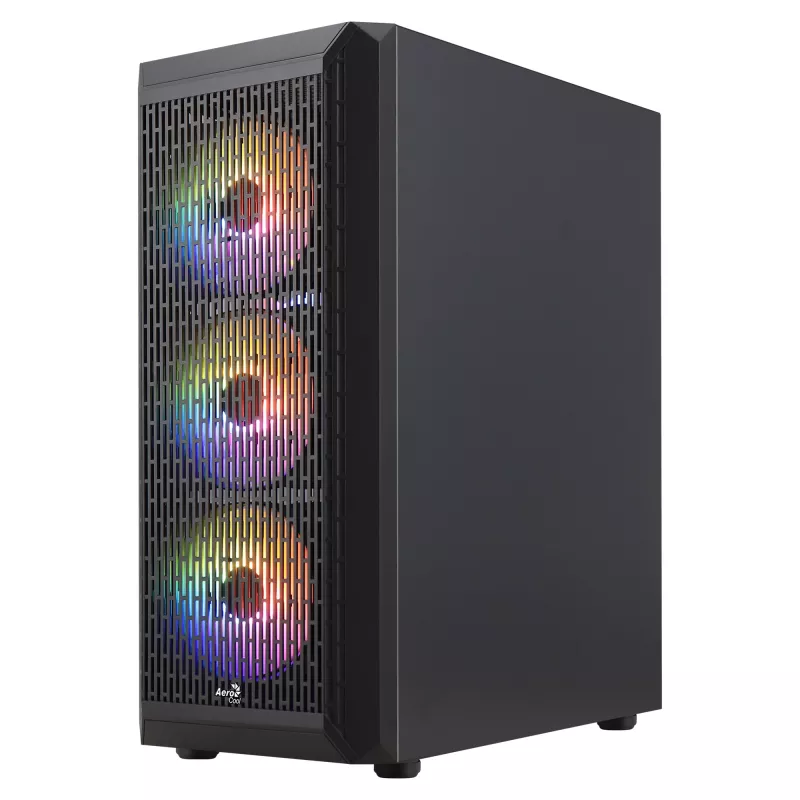 Aerocool BEAMBKV2 Gaming ATX korpuss 4 ventilatori 12cm FRGB melns, PC, melns, ATX, micro ATX, Mini-ITX, spēlēm, zila, zaļa, sarkana, priekšā, sānos