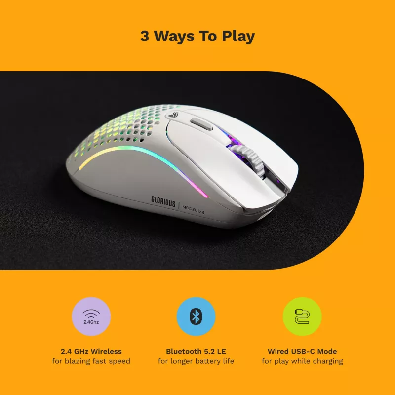 Glorious Gaming Glorious Model D 2 Wireless — matēta balta, labās rokas, RF bezvadu, 19000 DPI, balta