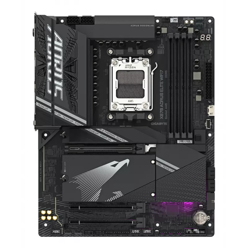 GIGABYTE X870 AORUS ELITE WIFI7 mātesplate - atbalsta AMD Ryzen 9000 CPU, 16+2+2 fāžu VRM, līdz 8000MHz DDR5 (OC), 3xPCIe 5.0 + 1xPCIe 4.0, Wi-Fi 7, 2.5GbE LAN, USB 4