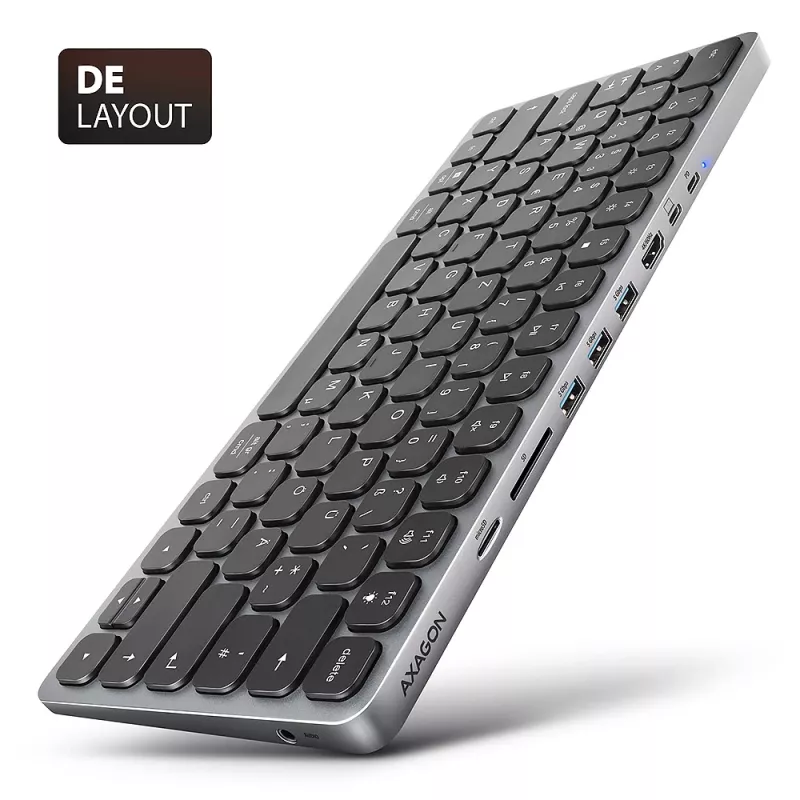 Axagon HMC-KB-GE, USB 5Gbps centrmezgls ar tastatūru, HDMI 4K/60Hz, 3x USB-A, SD/mSD, audio, PD 100, vācu izkārtojums