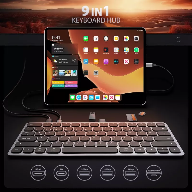 Axagon HMC-KB-GE, USB 5Gbps centrmezgls ar tastatūru, HDMI 4K/60Hz, 3x USB-A, SD/mSD, audio, PD 100, vācu izkārtojums