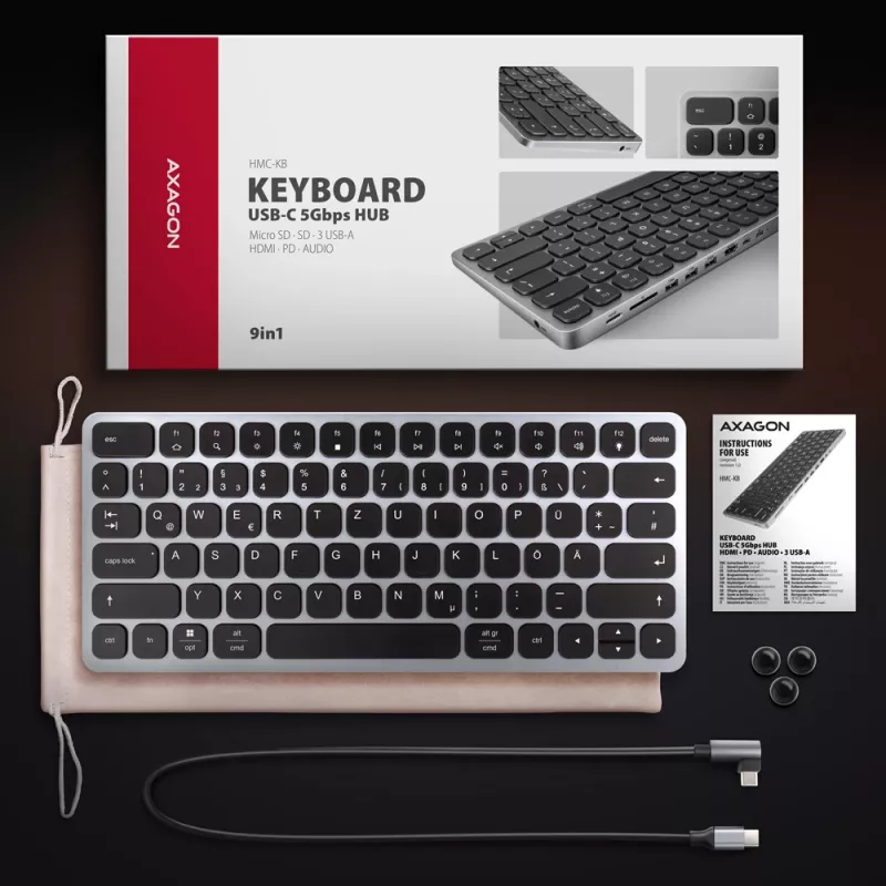 Axagon HMC-KB-GE, USB 5Gbps centrmezgls ar tastatūru, HDMI 4K/60Hz, 3x USB-A, SD/mSD, audio, PD 100, vācu izkārtojums