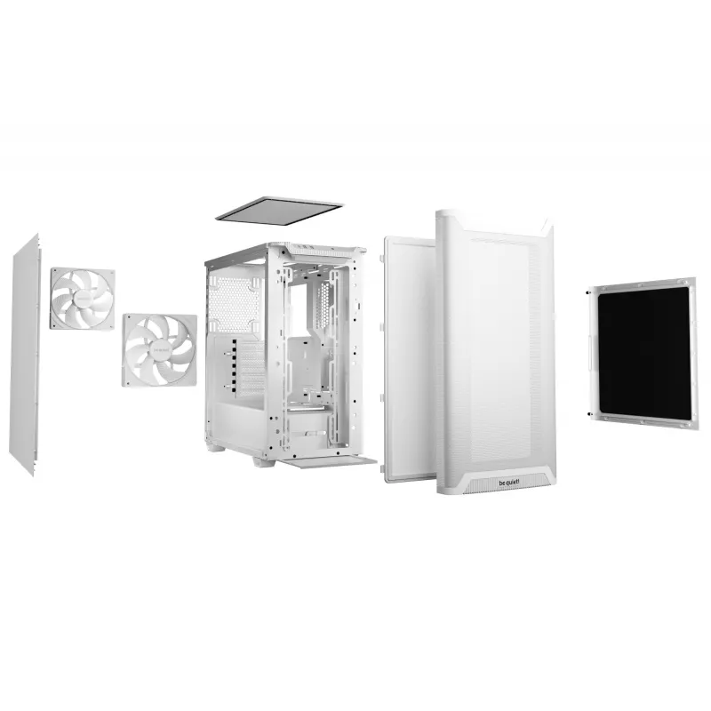 PC korpuss be quiet! PURE BASE 501 Airflow Midi Tower balta — ATX, 3×140mm priekšā, 1×140mm aizmugurē, 5×2,5 collas, 2×3,5 collas, USB‑C, PWM atbalsts