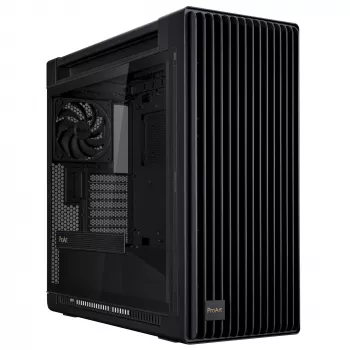 PC korpuss ASUS ProArt PA602 Midi Tower melns — ATX/EATX atbalsts, rūdīts stikls, 2x200 mm priekšējie ventilatori, 360 mm augšējais radiators, GPU līdz 450 mm