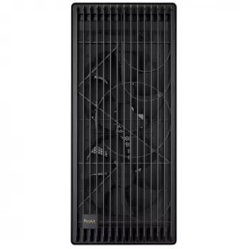 PC korpuss ASUS ProArt PA602 Midi Tower melns — ATX/EATX atbalsts, rūdīts stikls, 2x200 mm priekšējie ventilatori, 360 mm augšējais radiators, GPU līdz 450 mm