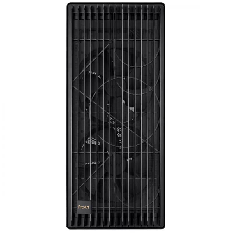 PC korpuss ASUS ProArt PA602 Midi Tower melns — ATX/EATX atbalsts, rūdīts stikls, 2x200 mm priekšējie ventilatori, 360 mm augšējais radiators, GPU līdz 450 mm