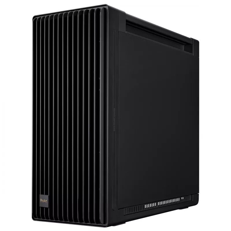 PC korpuss ASUS ProArt PA602 Midi Tower melns — ATX/EATX atbalsts, rūdīts stikls, 2x200 mm priekšējie ventilatori, 360 mm augšējais radiators, GPU līdz 450 mm