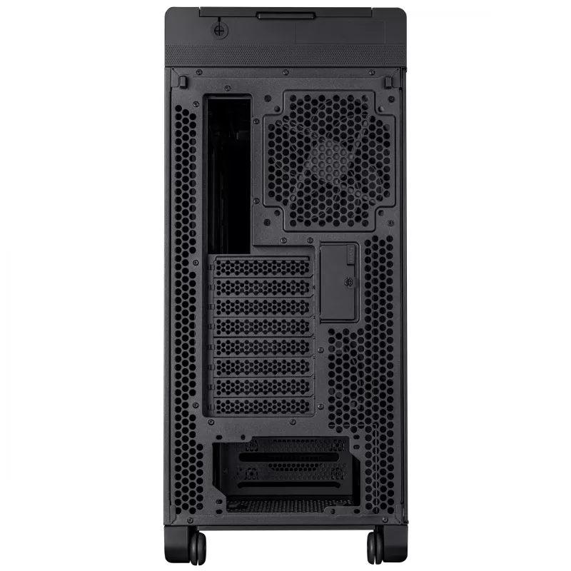 PC korpuss ASUS ProArt PA602 Midi Tower melns — ATX/EATX atbalsts, rūdīts stikls, 2x200 mm priekšējie ventilatori, 360 mm augšējais radiators, GPU līdz 450 mm
