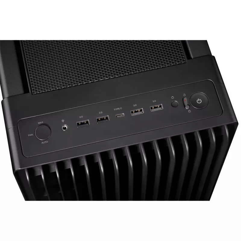 PC korpuss ASUS ProArt PA602 Midi Tower melns — ATX/EATX atbalsts, rūdīts stikls, 2x200 mm priekšējie ventilatori, 360 mm augšējais radiators, GPU līdz 450 mm