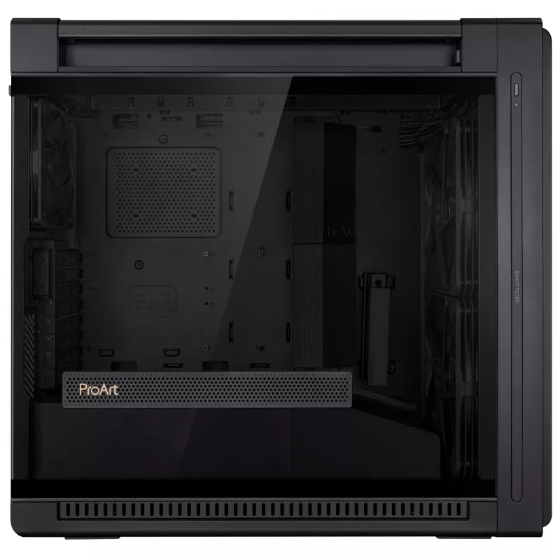PC korpuss ASUS ProArt PA602 Midi Tower melns — ATX/EATX atbalsts, rūdīts stikls, 2x200 mm priekšējie ventilatori, 360 mm augšējais radiators, GPU līdz 450 mm