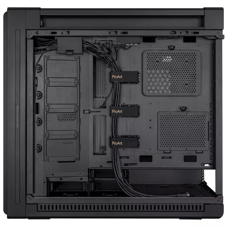 PC korpuss ASUS ProArt PA602 Midi Tower melns — ATX/EATX atbalsts, rūdīts stikls, 2x200 mm priekšējie ventilatori, 360 mm augšējais radiators, GPU līdz 450 mm