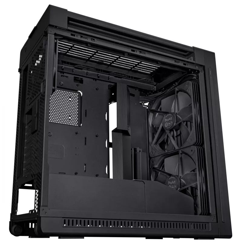 PC korpuss ASUS ProArt PA602 Midi Tower melns — ATX/EATX atbalsts, rūdīts stikls, 2x200 mm priekšējie ventilatori, 360 mm augšējais radiators, GPU līdz 450 mm