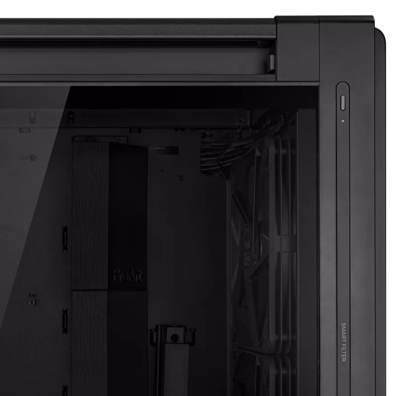 PC korpuss ASUS ProArt PA602 Midi Tower melns — ATX/EATX atbalsts, rūdīts stikls, 2x200 mm priekšējie ventilatori, 360 mm augšējais radiators, GPU līdz 450 mm