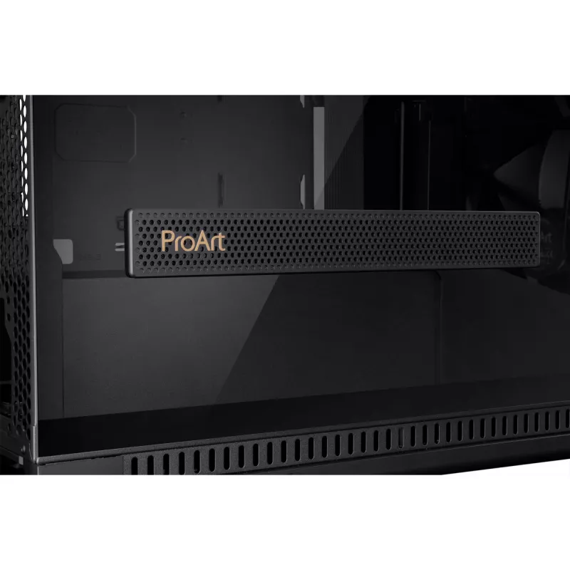 PC korpuss ASUS ProArt PA602 Midi Tower melns — ATX/EATX atbalsts, rūdīts stikls, 2x200 mm priekšējie ventilatori, 360 mm augšējais radiators, GPU līdz 450 mm