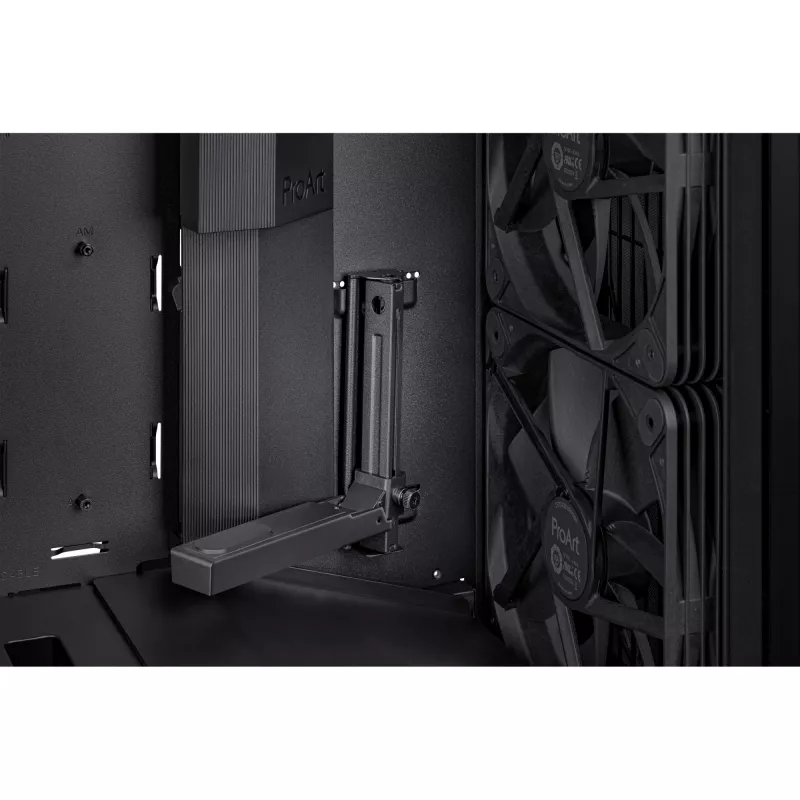 PC korpuss ASUS ProArt PA602 Midi Tower melns — ATX/EATX atbalsts, rūdīts stikls, 2x200 mm priekšējie ventilatori, 360 mm augšējais radiators, GPU līdz 450 mm