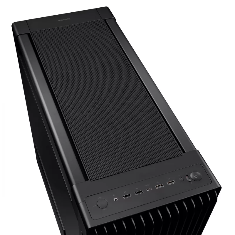 PC korpuss ASUS ProArt PA602 Midi Tower melns — ATX/EATX atbalsts, rūdīts stikls, 2x200 mm priekšējie ventilatori, 360 mm augšējais radiators, GPU līdz 450 mm