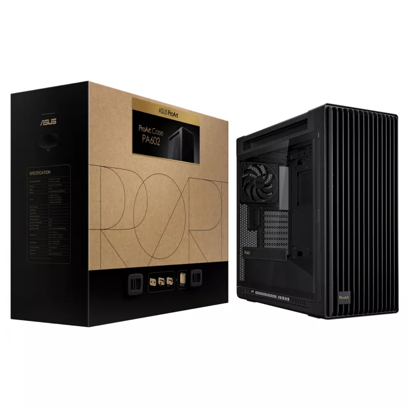 PC korpuss ASUS ProArt PA602 Midi Tower melns — ATX/EATX atbalsts, rūdīts stikls, 2x200 mm priekšējie ventilatori, 360 mm augšējais radiators, GPU līdz 450 mm