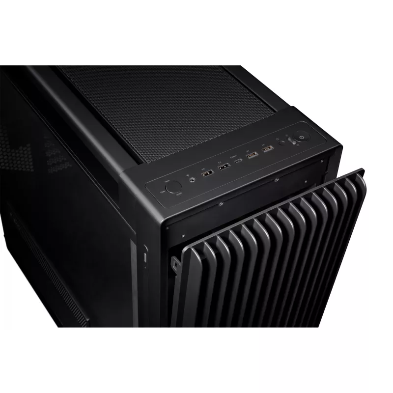 PC korpuss ASUS ProArt PA602 Midi Tower melns — ATX/EATX atbalsts, rūdīts stikls, 2x200 mm priekšējie ventilatori, 360 mm augšējais radiators, GPU līdz 450 mm