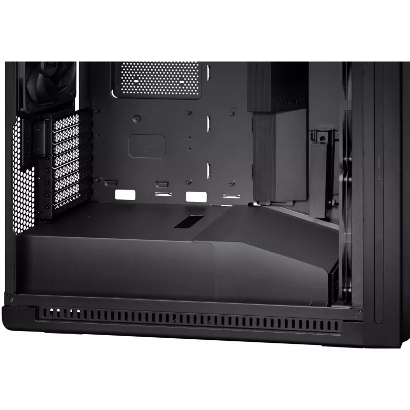 PC korpuss ASUS ProArt PA602 Midi Tower melns — ATX/EATX atbalsts, rūdīts stikls, 2x200 mm priekšējie ventilatori, 360 mm augšējais radiators, GPU līdz 450 mm