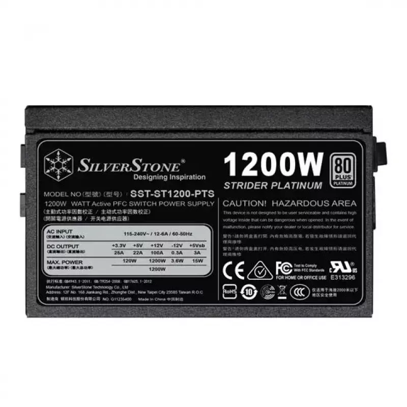 Barošanas bloks SILVERSTONE ST1200-PTS 1200 W 80 PLUS Platinum, 20+4 pin ATX, 120 mm ventilators, Melns