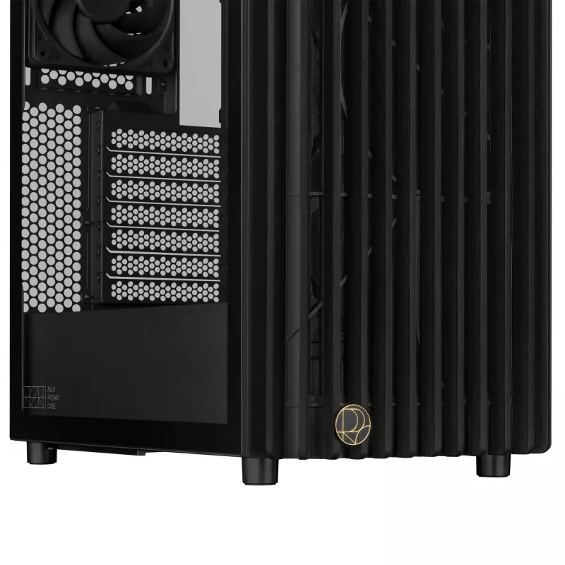 PC korpuss ASUS ProArt PA401 Wood TG PWM Tower Melns — ATX, rūdīts stikls, 2x160 mm priekšējie ventilatori, USB-C, atbalsta GPU līdz 31,5 cm