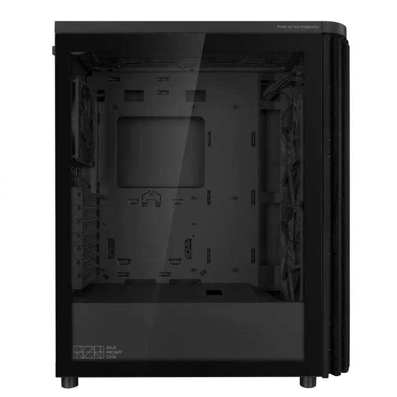 PC korpuss ASUS ProArt PA401 Wood TG PWM Tower Melns — ATX, rūdīts stikls, 2x160 mm priekšējie ventilatori, USB-C, atbalsta GPU līdz 31,5 cm